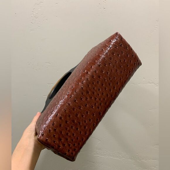 Handmade Genuine Ostrich Textured Cowhide, Wooden Frame Top Handle Satchel - Picture 13 of 14
